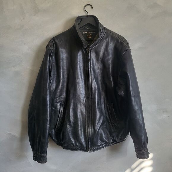 Vintage Black Leather Dad Bomber Oversized Tommy Hilfiger Distressed Size L - Picture 1 of 16